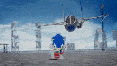 a cartoon of sonic the hedgehog running in front of a jet
