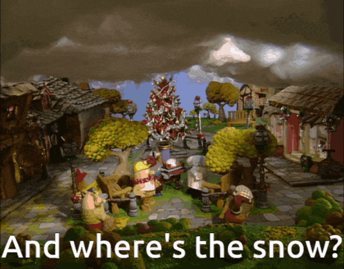a cartoon scene with the words and where 's the snow on the bottom