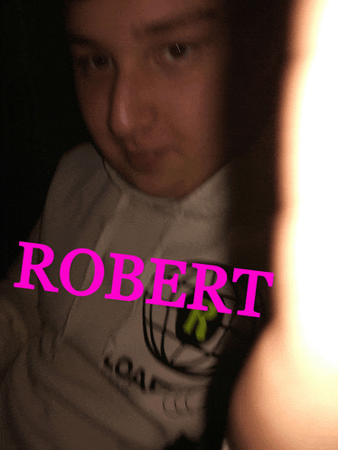 a close up of a person 's face with the name robert on it