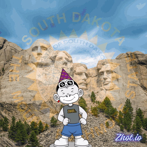 a south dakota poster with a cartoon character in front of a mountain