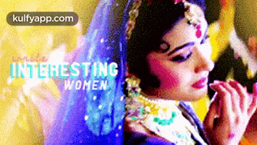 a woman in a blue veil is applying makeup with the words interesting women behind her