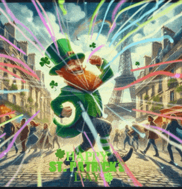 a painting of a leprechaun dancing in front of the eiffel tower with the words happy st. patrick 's day