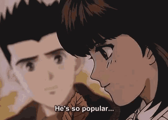 a man and a girl are looking at each other and the girl says he 's so popular