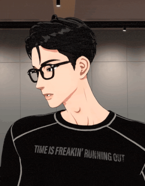 a man wearing glasses and a black shirt that says " time is freakin ' running out "
