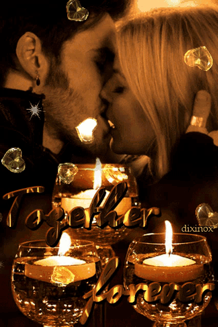 a man and a woman kissing in front of candles that say " forever "