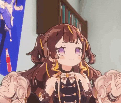 a cartoon girl with purple eyes is giving a thumbs up sign