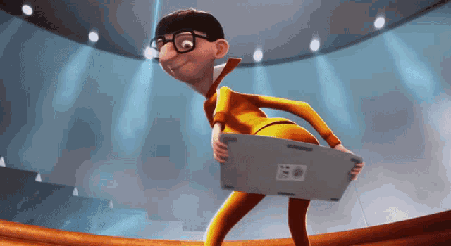 a cartoon character is carrying a laptop with the letters eo on the side