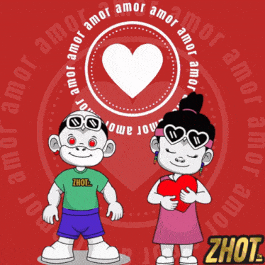 a cartoon of a boy and a girl holding a heart with zhot written on the bottom right