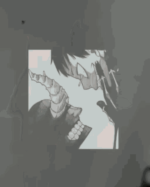 a black and white drawing of a dragon on a grey background