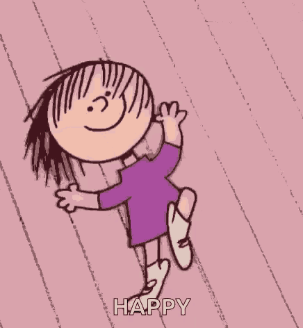 a cartoon of a girl in a purple dress jumping in the air with the words `` happy '' written below her .