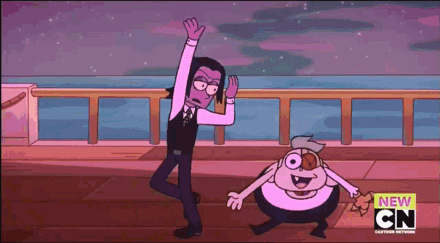 two cartoon characters are dancing in front of a sign that says cn