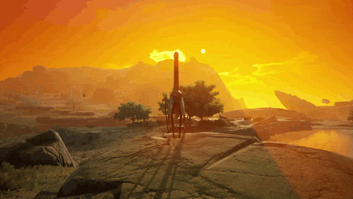 a statue of a dinosaur stands on a rock in the desert at sunset