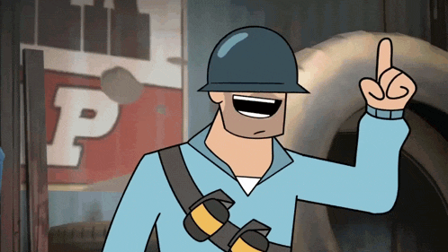 a cartoon soldier is pointing up in front of a sign that says p