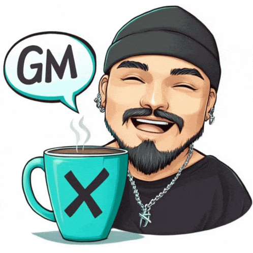 a cartoon of a man holding a cup of coffee with a gm speech bubble