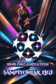 a man singing into a microphone in front of a soccer ball that says bmb organization on it