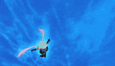 a cartoon girl with purple hair and black gloves is standing on a blue background .