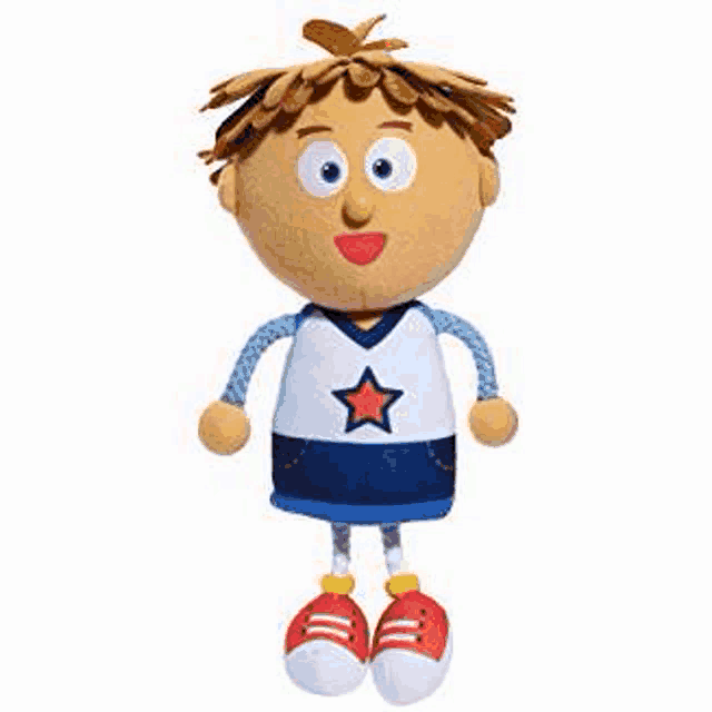 a stuffed toy of a boy wearing a blue and white jersey with a star on it and red shoes .