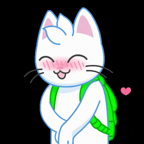 a cartoon drawing of a white cat with a green backpack surrounded by pink hearts