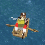 a minecraft character is floating on a raft in the ocean with the name tommyinnit on the bottom
