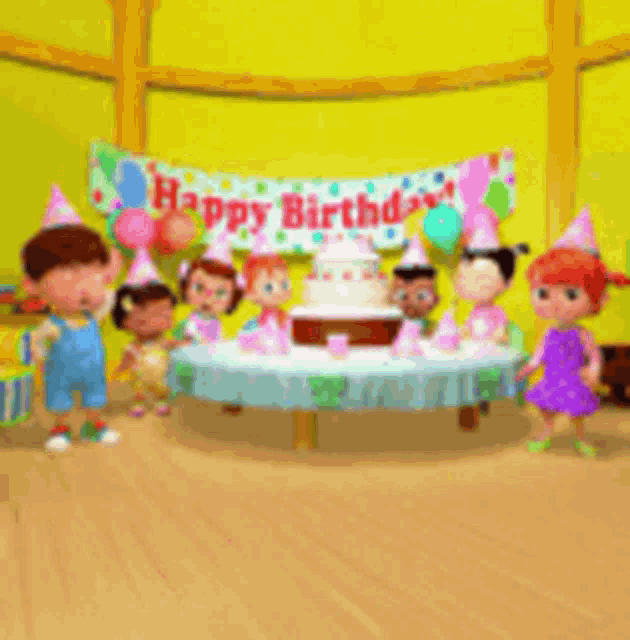a group of cartoon characters standing around a table with a happy birthday banner behind them