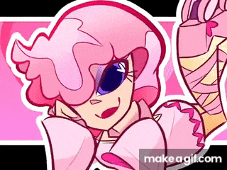 a cartoon drawing of a girl with pink hair and blue eyes