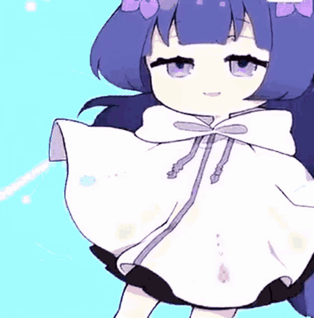 a little girl with purple hair is wearing a white cape