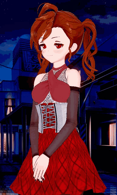 a girl in a red dress is standing in front of a building with a sign that says ' motel ' on it