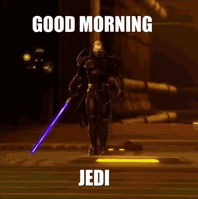 a video game character with a purple lightsaber and the words good morning jedi
