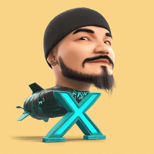 a 3d rendering of a man with a beard and a rocket behind him
