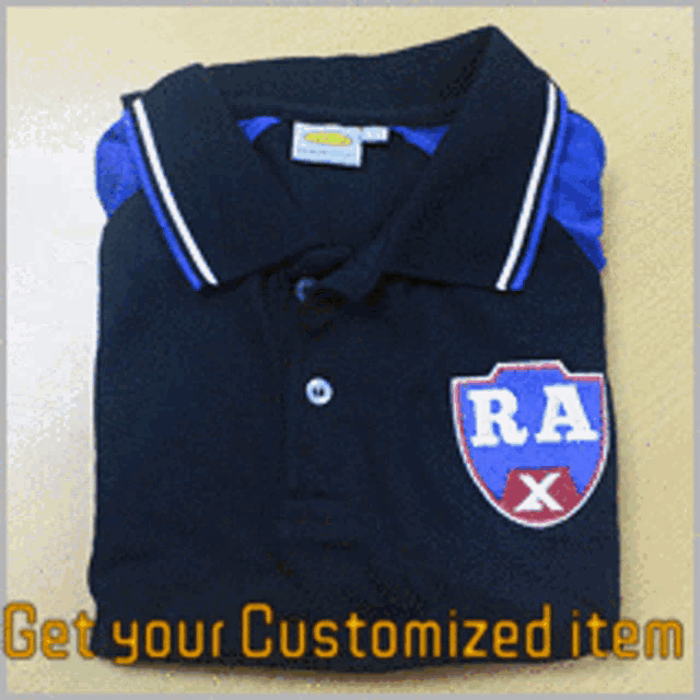 a black polo shirt with a r.a. x logo on the front