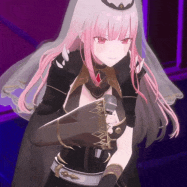 a girl with pink hair and red eyes holds a microphone