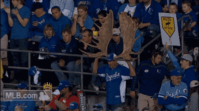 a man in a royals jersey holds a moose antlers