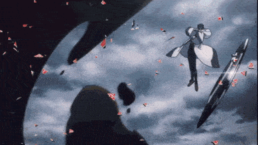 a man is flying through the air with a sword