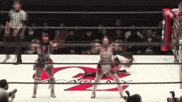 two women are wrestling in a ring with a academy logo on the floor