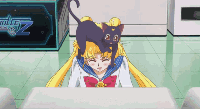 a black cat is sitting on a girl 's head in front of a sign that says " bullet z "