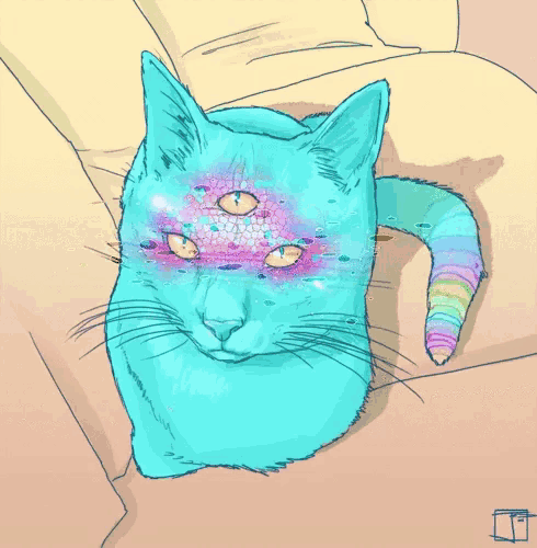 a drawing of a cat with three eyes and a colorful tail