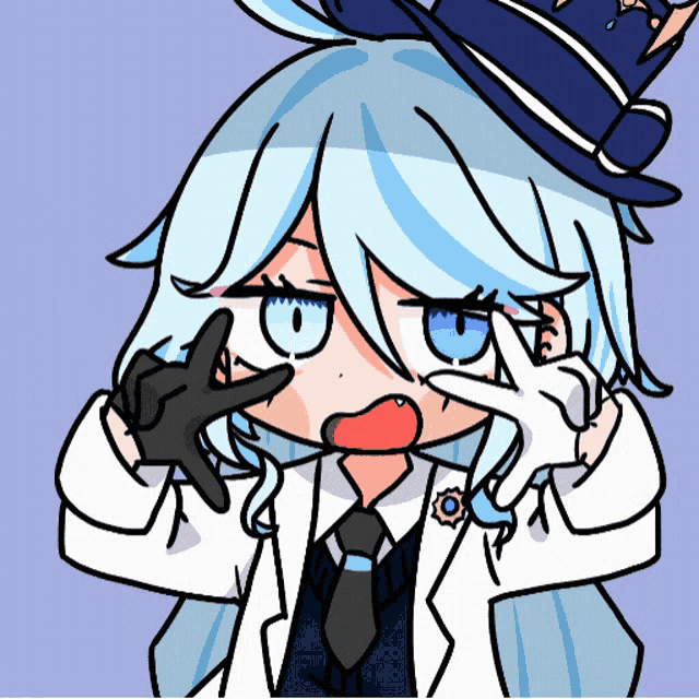 a cartoon of a girl with blue hair and a top hat