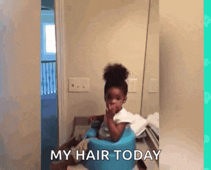 a little girl is sitting in a blue chair with the words `` my hair today '' written above her .