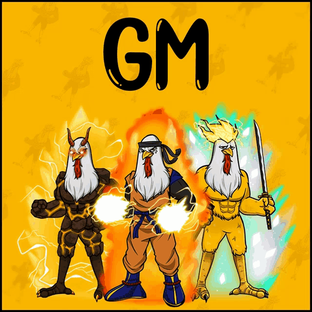 three cartoon chickens are standing next to each other with gm written on the bottom