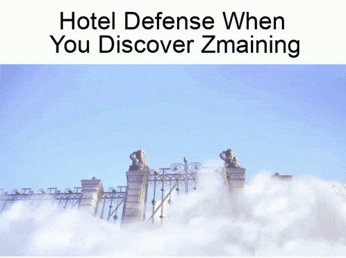 a picture of a gate with the words hotel defense when you discover zmaining above it