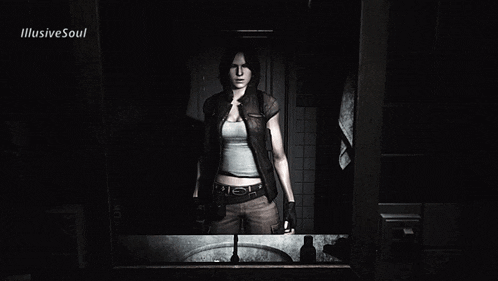 a woman is standing in front of a mirror with illusive soul written on the bottom