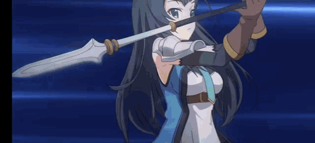 a girl with long hair is holding a sword in her hands