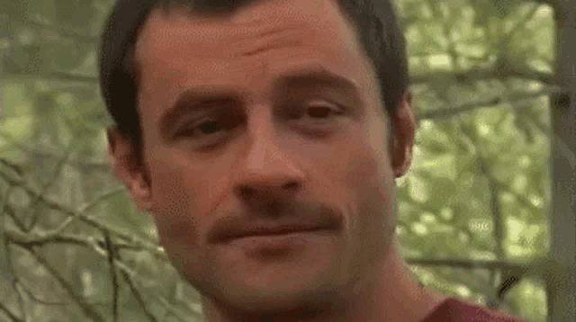 a man with a mustache is smiling and making a funny face .