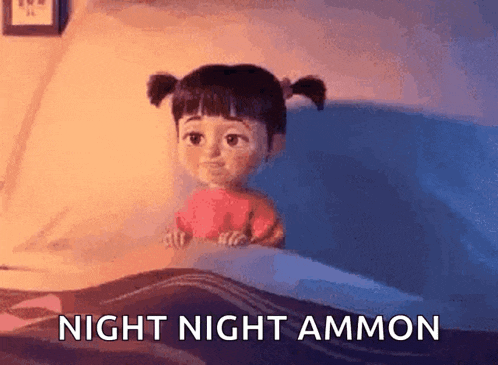 boo from monsters inc is laying in bed with the words night night ammon written on the bottom