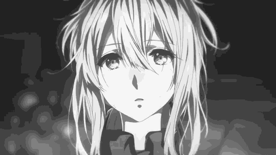 a black and white photo of a sad anime girl with long hair .