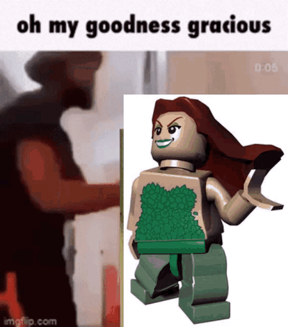 a man is standing next to a lego poison ivy