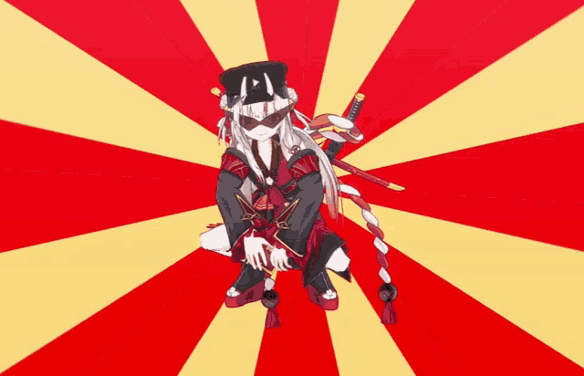 a red and yellow striped background with a cartoon character with a sword on her back