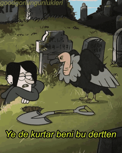 a cartoon of a vulture standing next to a man with a shovel in front of a grave