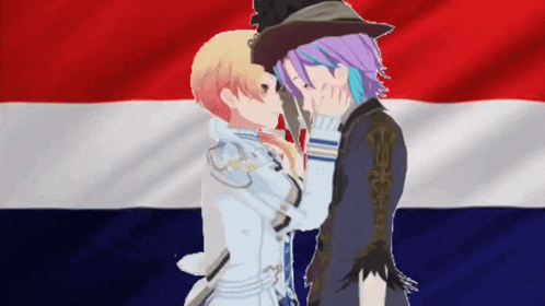 two anime characters kissing in front of a flag