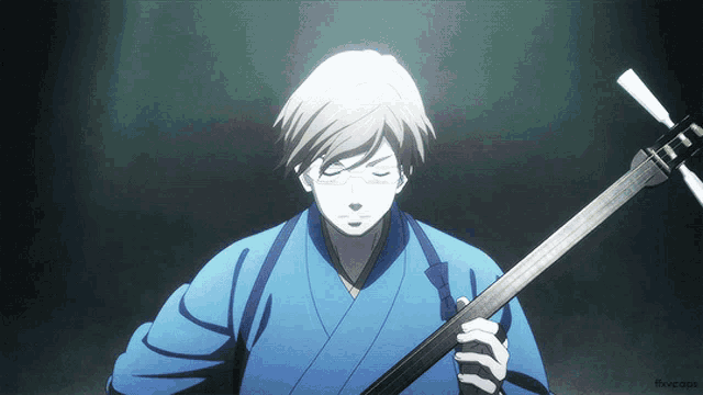 a man in a blue kimono is holding a guitar in front of a dark background